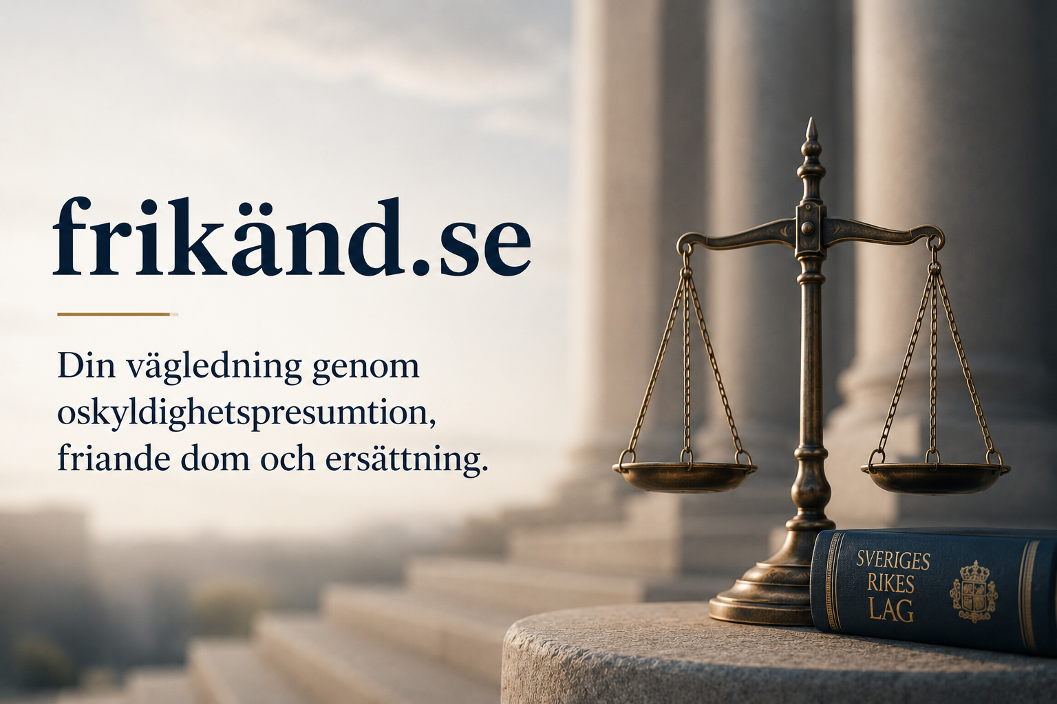 Frikänd – vägledning vid friande dom Rättvisans våg framför klassiska domstolspelare med texten frikänd.se.