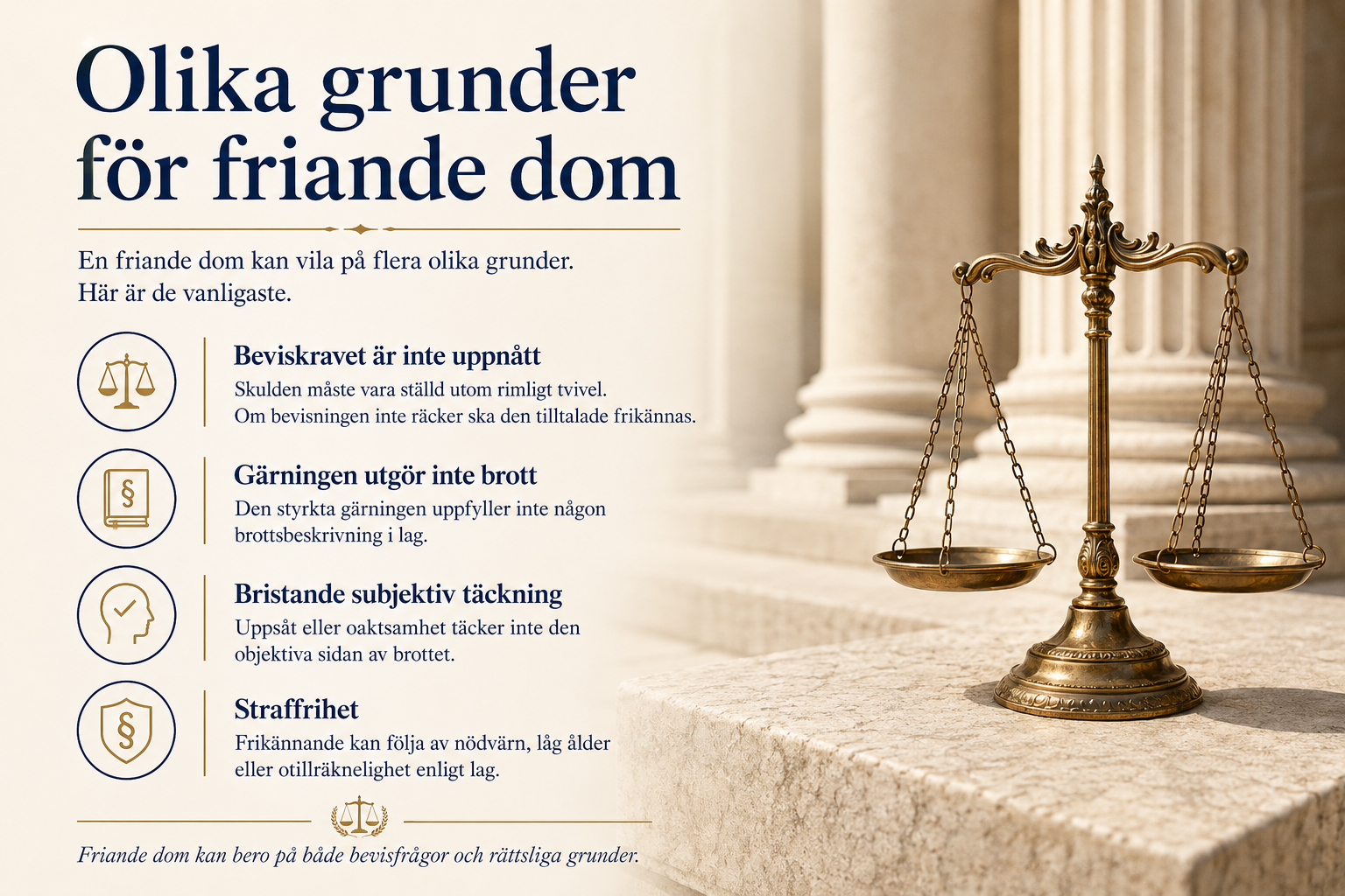 Olika grunder för friande dom Illustration om olika grunder för friande dom med rättvisans våg, domstolsmiljö och juridiska huvudpunkter.