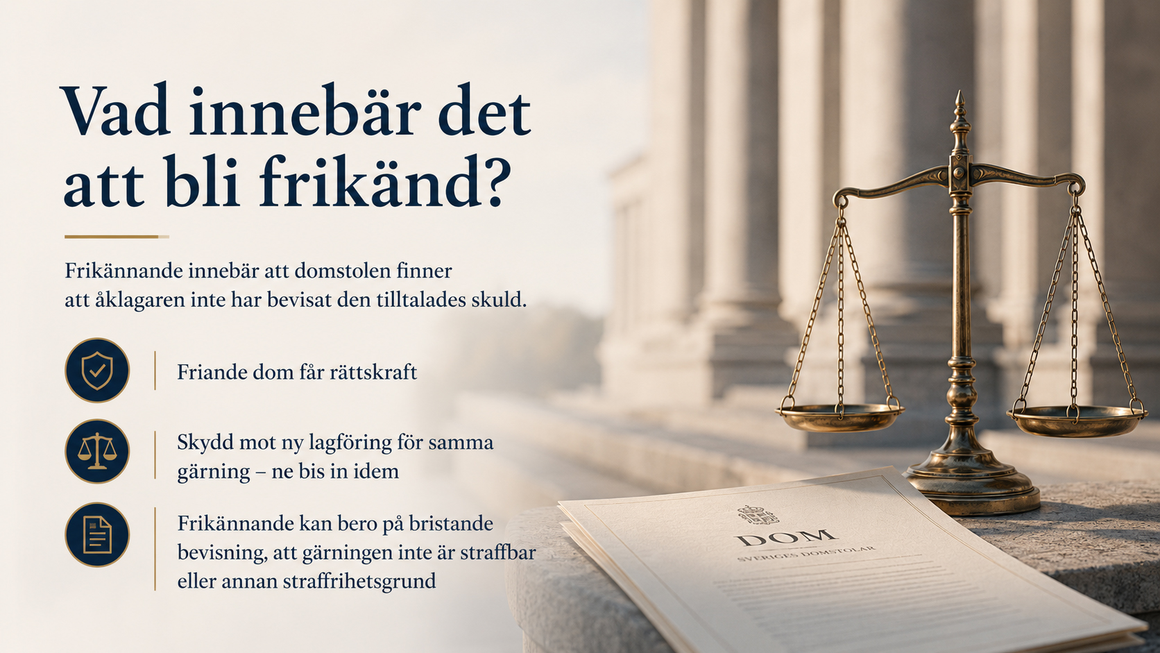 Vad innebär det att bli frikänd? Illustration med rättvisans våg, domstolsmiljö och text om vad det innebär att bli frikänd.